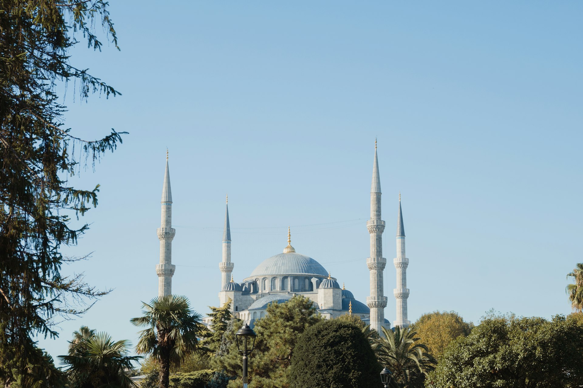 a view of a blue mosque from a distance